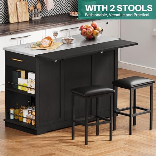 YITAHOME Kitchen Island with Seating | 47" Mobile Storage Island with Trash Can, Drop Leaf & Stainless Steel Countertop, 2 Stools, Spice Rack, Black