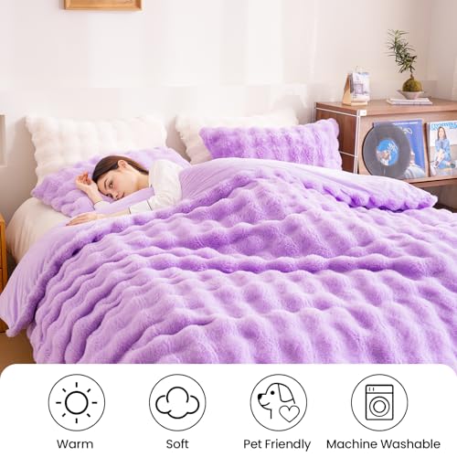 Fluffy Lavender Duvet Cover Full Set, Soft Shaggy Plush Rabbit Bedding Set 3 Pieces (1 Fuzzy Comforter Cover + 2 Faux Fur Pillow Cases)（Lavender, Full） - color: Lavender, size: Full