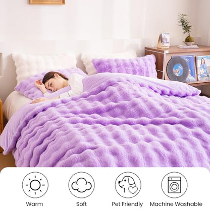 Fluffy Lavender Duvet Cover Twin Set, Soft Shaggy Plush Rabbit Bedding Set 2 Pieces (1 Fuzzy Comforter Cover + 1 Faux Fur Pillow Cases)（Lavender, Twin） - color: Lavender, size: Twin