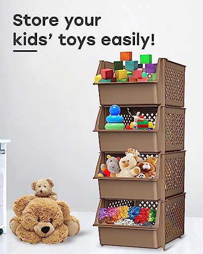 TidyFriend Plastic Stackable Storage Bins for Pantry, 4 Pack Stackable Bins For Organizing Food, Kitchen, and Bathroom Essentials (Brown) | Sturdy Plastic, Easy Stacking, Open Front Access, Ventilated Sides, Vertical & Space Saving Pantry Organizers and S