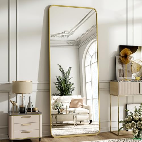 Gold 21 x 64 Full Length Mirror Rounded Corner for Home Decor | Nano Floor Mirror with Stand Rect Full Body Mirror Aluminum Alloy Frame Standing Leaning or Hanging for Bedroom Checkroom - color: Gold, size: 64"L x 21"W
