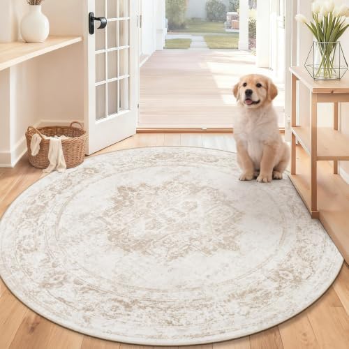 Round Rug 4ft Vintage Rugs: Small Washable Circle Rug Distressed Non Slip Circular Carpet for Living Room Bedroom Kitchen Home(Beige, 4' Round) - color: Beige, size: 4' (Round)