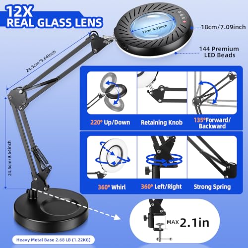 Akynite 12X Magnifying Glass with Light and Stand,5 Color 9 Levels Dimmable | Hands Free, Flexible Robot Arm, USB, with Adapter, Dual Base, 144 LED, Real Glass Magnifying Desk Lamp for Craft Close Work