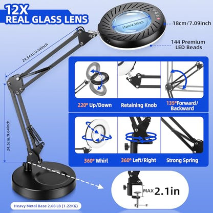 Akynite 12X Magnifying Glass with Light and Stand,5 Color 9 Levels Dimmable | Hands Free, Flexible Robot Arm, USB, with Adapter, Dual Base, 144 LED, Real Glass Magnifying Desk Lamp for Craft Close Work