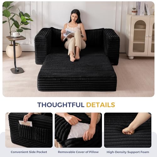 MAXYOYO Convertible Sofa Bed, Pull-Out Loveseat Couch Bed for Small Space | 2 in 1 Folding Couch Bed with Large Back Pillow, Plush Faux Fabric Lounge Couch for Living Room, Apartment, Black - color: Black