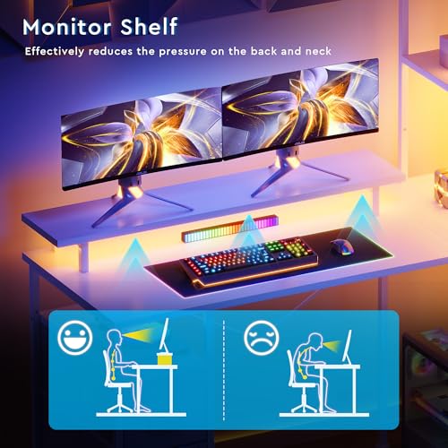 L Shaped Gaming Desk, Reversible with LED Lights, Shelves, White | Reversible, LED lights, Charging, Monitor stand - color: White