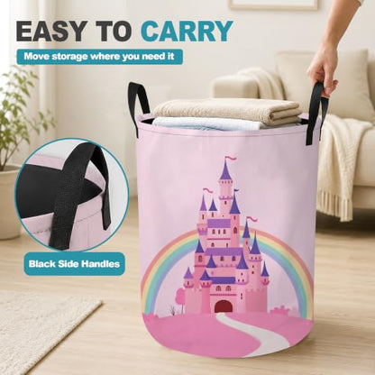 Princess Castle Dirty Clothes Hamper,Foldable Laundry Basket with Handles,Pink Rainbow Waterproof Oxford Cloth Storage Bin for Bedroom Bathroom Nursery,16 x 20 Inch - color: Princess Castle,Pink Rainbow