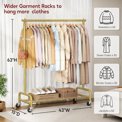 SLEEPING LAMB Heavy Duty Clothes Racks for Hanging Clothing Rack, 43" Wide Rolling Garment Rack Metal Wardrobe Rack with Wheels Closet Hanger Rack for Coats, Shirts, Dress (Gold) - color: Gold, style: Single Rod