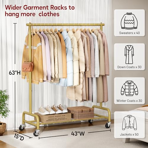 SLEEPING LAMB Heavy Duty Clothes Racks for Hanging Clothing Rack, 43" Wide Rolling Garment Rack Metal Wardrobe Rack with Wheels Closet Hanger Rack for Coats, Shirts, Dress (Gold) - color: Gold, style: Single Rod