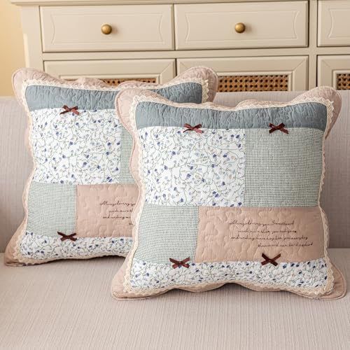 vctops Set of 2 Quilted 100% Cotton Boho Throw Pillow Covers 18" x 18" Farmhouse Country Floral Patchwork Decorative Cushion Cover, Patchwork Flower H - color: Patchwork Flower H