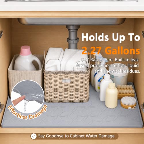 34"x22" Silicone Under Sink Mat Waterproof Cabinet Liner(Gray) | Leak-Proof Silicone Cabinet Protector with Raised Edges, Keeps Kitchen & Bathroom Cabinets Safe from Water Damage - color: Gray