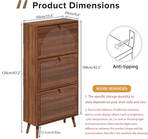 Fsbecl Shoe Storage Cabinet for Entryway with 3 Fluted Flip Drawers, Walnut | Slim Freestanding Shoe Organizer with Hidden Storage, Adjust Shelves, Wooden 2-in-1 Hall Tree for Entryway Foyer, 18-24 Pairs - color: Walnut03, size: 23.6''W x 9.4''D
