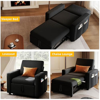 YITAHOME Convertible Sofa Chair Bed | 3-in-1 Sleeper Sofa with Pull-Out Bed, Linen Fabric Single Sleeper Chair with Reclining Backrest and Wide Armrest, Modern - color: Black, size: 74.8 x 35.8in