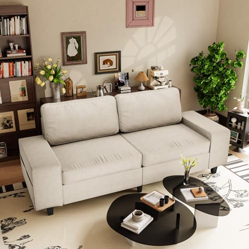84" Loveseat Couch, 3 Seater Chenille Sofa with 4 Side Pockets, Removable and Washable Cushions, Mid Century Modern, Living Room, Apartment, Studio (Cream) - color: Cream Chenille, size: 84 "