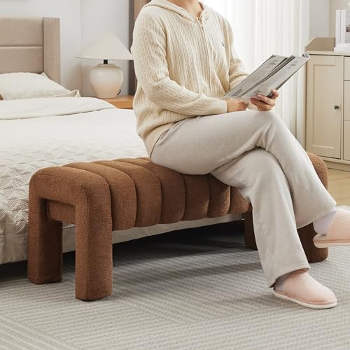 43.3" Bedroom Bench, Upholstered Brown Boucle Ottoman, Modern Tufted Dining Bench with Solid Wood Legs and Adjustable Foot Pegs for Entryway, Dining Room and Living Room (Rust Brown Boucle) - color: Rust Brown Boucle, size: 43.3"