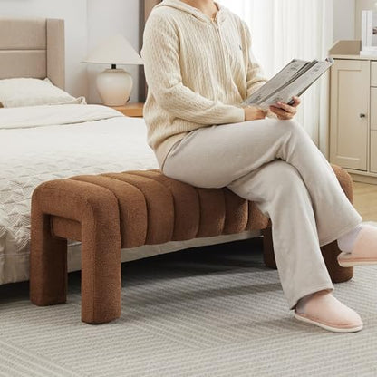 43.3" Bedroom Bench, Upholstered Brown Boucle Ottoman, Modern Tufted Dining Bench with Solid Wood Legs and Adjustable Foot Pegs for Entryway, Dining Room and Living Room (Rust Brown Boucle) - color: Rust Brown Boucle, size: 43.3"