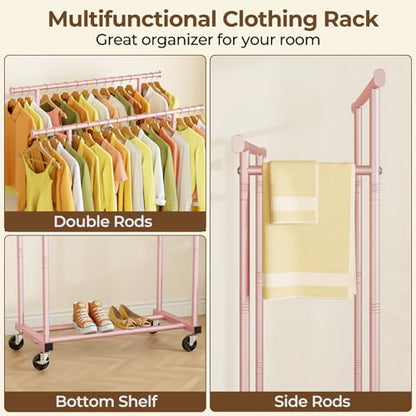 HYSEYY Double Rods Clothes Rack, Sturdy Rolling Clothing Rack, Portable Clothing Racks for Hanging Clothes - Metal Garment Rack Wardrobe Coat Rack for Bedroom Laundry Living Room, Pink - color: Pink