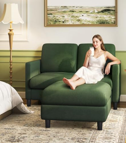 Welzona Loveseat Sofa with Ottoman, 51" Small L Shaped Teddy Couch Sofa | Comfy Teddy Fabric, Tool-free Setup, Washable Covers, All-wood Couch Sets for Living Room, Bedroom, Small Spaces, Green - color: Green, size: loveseat & ottoman