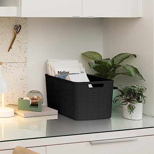 Curver Set of 4 Large 20L Jute Decorative Plastic Organization and Storage Baskets - Perfect Bins for Home Office, Closet Shelves, Kitchen Pantry and All Bedroom Essentials, Black - color: Black, size: Large 20L