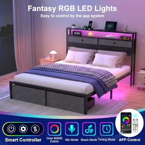Queen Bed Frames with LED Lights and Charging Station, Platform Bed with Metal Slats, Wood Headboard with 2 Fabric Drawers and Storage Shelves, No Box Spring Needed