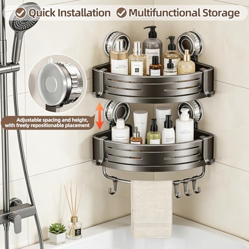 Suction Cup Corner Shower Caddy, No Drill, 2 Tier, Gray | Aluminum, With Hooks, Floating Rack for Inside, Bathroom Wall Shelf Organizer - style: Suction Cup Corner Shower Caddy ,2 Tier ,Gray