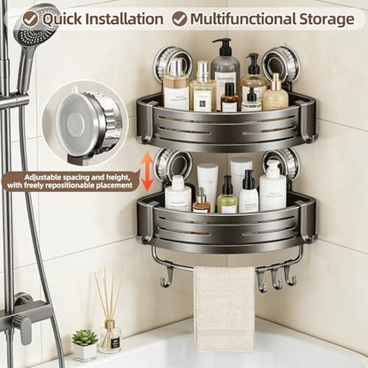 Suction Cup Corner Shower Caddy, No Drill, 2 Tier, Gray | Aluminum, With Hooks, Floating Rack for Inside, Bathroom Wall Shelf Organizer - style: Suction Cup Corner Shower Caddy ,2 Tier ,Gray