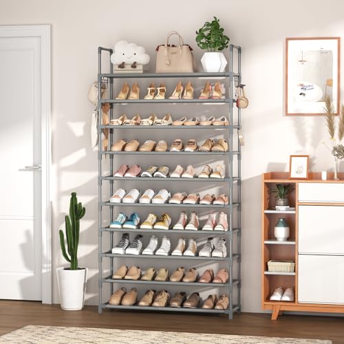 VTRIN 10 Tiers Shoe Rack Tall Large Capacity Wide Shoe Organizer Sturdy Shoe Shelf for Entryway with Two Hooks Metal Shoe Storage for Closet, Bedroom, Grey - color: Grey, size: 32.3" Wide - 10 Tier