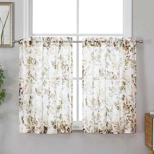 Crushed Sheer Curtains Tiers 36 Inch Length 2 Panels, Printed Design Small Half Curtains Kitchen Tiers Bathroom Cafe Bedroom Living Room, Light Filtering Curtain, 42"x36" - color: Brown/Multi, size: 42"W x 36"L (Pack of 2)