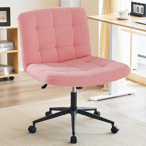 Furnimart Swivel Criss Cross Legged Chair with Wheels for Home Office, Wide Armless Desk Chair Height Adjustable Comfy Seat for Desk,Vanity, Bedroom, Faux Fur Pink - color: Faux Fur-pink