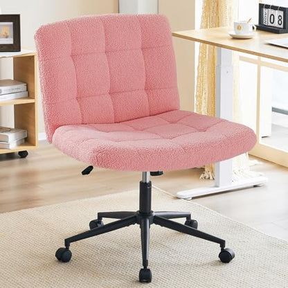 Furnimart Criss Cross Chair with Wheels, Cross Legged Office Chair, Wide Armless Desk Chair, Adjustable Swivel Faux Fur Criss Cross Office Chair with Thick Cushion for Home Office Bedroom Vanity - color: Faux Fur-pink