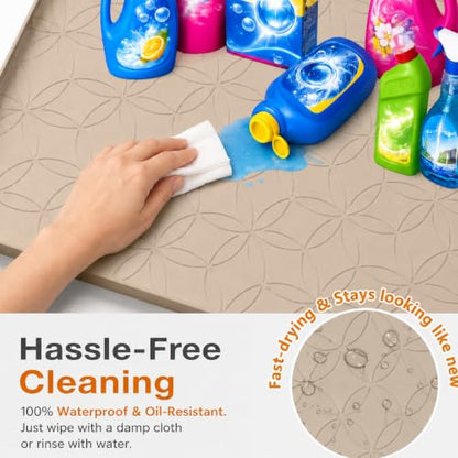 34"x22" Silicone Shelf Liner & Waterproof Under Sink Mat(Beige) | Durable Under Sink Organizer Tray with Raised Edge, Protects Bottom Cabinets & Shelves from Leaks & Cleaning Supplies - color: Beige