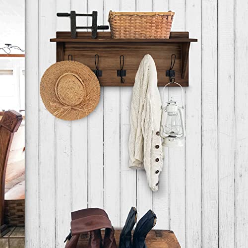 HBCY Creations Rustic Brown Solid Wood Wall Mounted Coat Rack with Shelf, 5 Hooks, 24" Long - Kitchen, Mudroom, Entryway, Bathroom - Includes Mounting Hardware, Coat Hanger, Dog Leash Hooks - color: 1- Rustic Brown