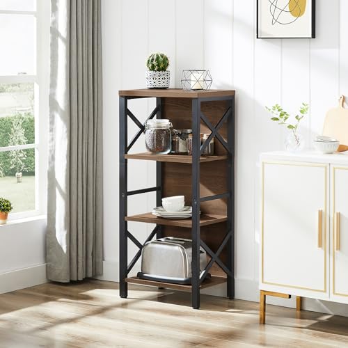 MNEETRUNG Small Bookshelf,4 Tier Industrial Bookcase with Metal Frame and Backboard,Narrow Rustic Brown Book Shelf,Book case for Small Spaces,Living Room,Bedroom and Home Office - color: Brown, size: 4-Tier (15.7"W x 11"D x 39.5"H)