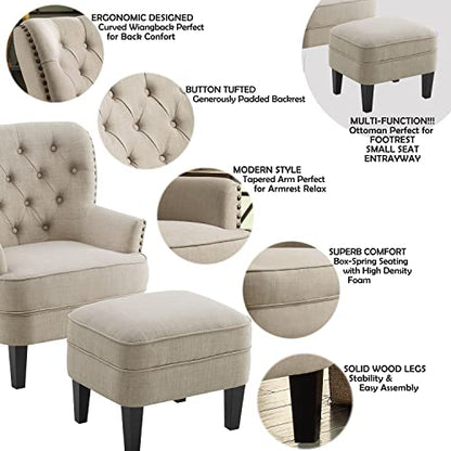 Rosevera Sausalito Accent Chair, Arm Chair, Reading Chair, Comfy Chair, Mid-Century Modern Chair with Ottoman, Lounge Chair with Ottoman for Living Room, Bedroom, Small Space, Apartment, Studio - color: Polyester Sand With Ottoman
