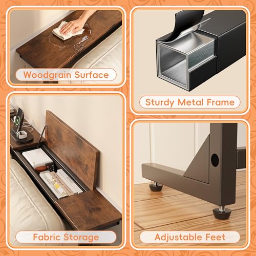 LIFECHOVY Narrow Console Table Behind the Couch with Power Outlets | Adjustable Height, 78.7" Long, 2 Pack, Fabric Storage, Sofa Table Behind Couch, For Living Room, Entryway, Rustic Brown