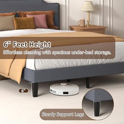 Queen Size Bed Frame with Upholstered Headboard, Platform Bed with Soft Linen Adjustable Headboard | Elegant Studded Design | Wooden Slats | No Box Spring Needed, Queen Bed Frame Dark Grey - color: Dark Grey, size: Queen (U.S. Standard)