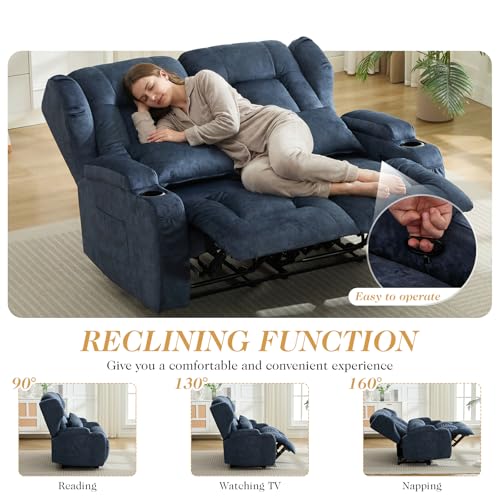 Loveseat Recliner Sofa,RV Wall Hugger Recliners for Small Spaces,Reclining Loveseat Sofa Recliner with Cup Holders/Lumbar Pillows,RV Furniture (Blue,56" 2-Seater) - color: Blue, size: 56" 2-Seater