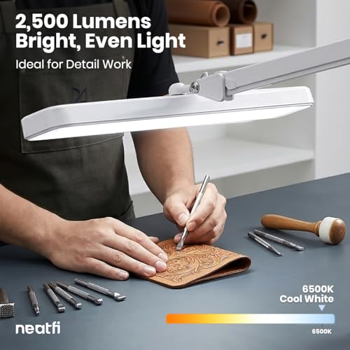 Neatfi XL 2,500 Lumens 30W LED Task Lamp for Manicure Table, Crafts, Workbench, Office – 22” Wide Shade Desk Light | Eye-Caring 6500K | 4-Level Brightness (White, Non-CCT with Clamp) - color: White