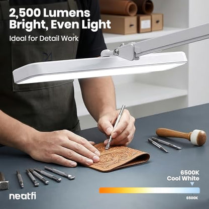Neatfi XL 2,500 Lumens 30W LED Task Lamp for Manicure Table, Crafts, Workbench, Office – 22” Wide Shade Desk Light | Eye-Caring 6500K | 4-Level Brightness (White, Non-CCT with Clamp) - color: White