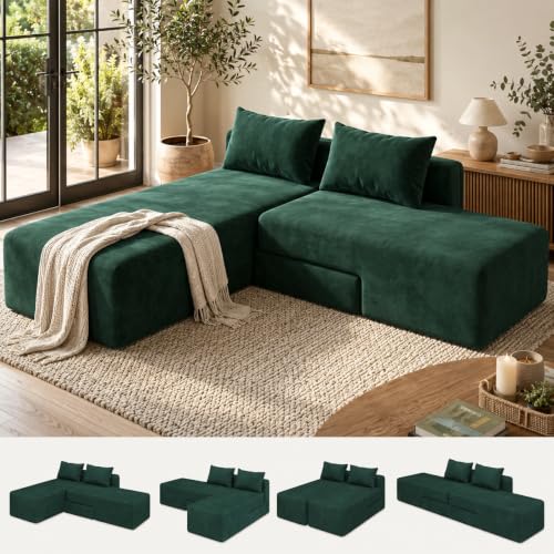 Boneless Sectional Couch, 4 in 1 Convertible Cloud Couch with Reversible Chaise & Deep Seat, Modular Sectional Sofa for Apartment, No Assembly Chenille Foam Couch in a Box, Green - color: Green, size: 89" Convertible Chaise Chenille