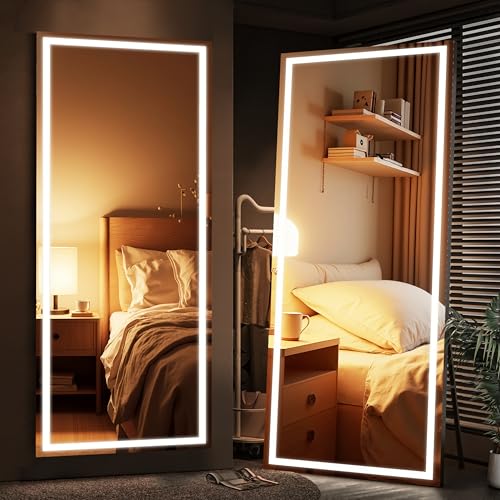 79" x 32" Full Length Mirror with Lights, Large LED Lighted Floor Standing Body Mirror, Dimmable & 3 Color Lighting for Bedroom, Cloakroom, Dressing Room, Tempered Glass, Black Frame - color: Black, size: 79"L x 32"W