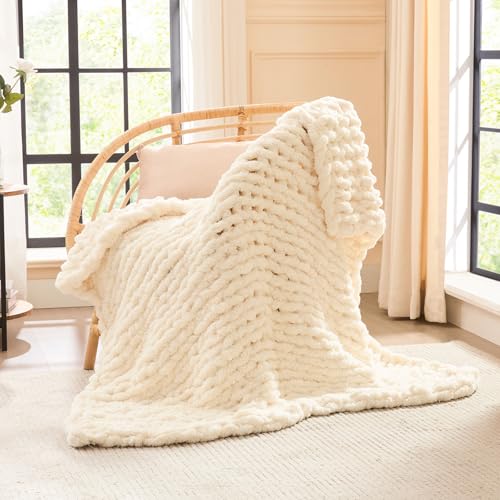 L'AGRATY Chunky Knit Throw Blanket for Couch, 40'' x 50'' Knit Throw, Ivory | Handmade Chenille Crochet Blanket for Sofa Bed, Thick Cable Knitted Blankets for Room Home Decor, Birthday Gift for Women Mom - color: Ivory, size: 40"x50"