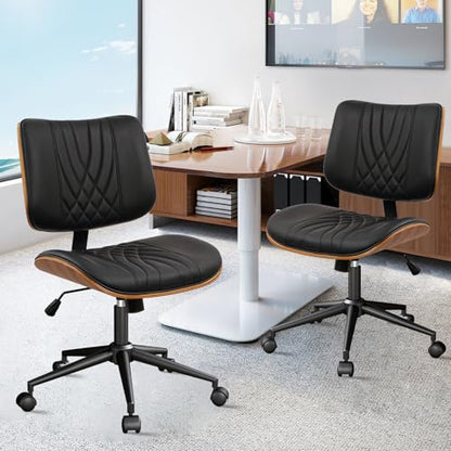 CLATINA Armless Home Office Chair, Desk Chair with Wheels, Adjustable Height Reading Chair, Leather Mid Back & Swivel Computer, Modern Walnut Chairs with Back for Study Meeting Room(Black) 4Pack - color: Black Diamond-a, size: 4 Pack