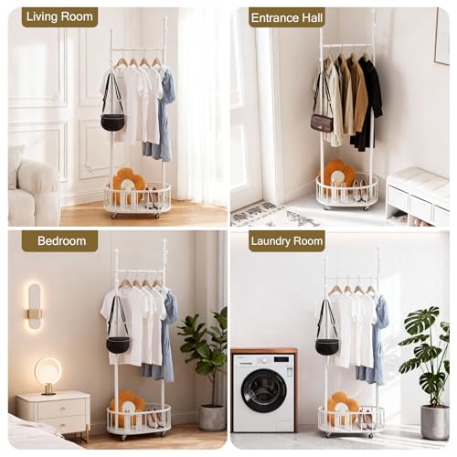 Free Standing Rolling Clothes Rack with Wheels Coat Rack - White | Small Narrow Cloth Hanger Metal Garment Racks for Bedroom Livingroom Lab Dress Shirts Rack with Storage Shelves - color: WHITE