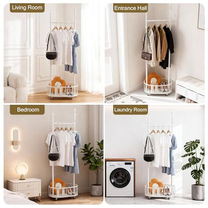 Free Standing Rolling Clothes Rack with Wheels Coat Rack - White | Small Narrow Cloth Hanger Metal Garment Racks for Bedroom Livingroom Lab Dress Shirts Rack with Storage Shelves - color: WHITE