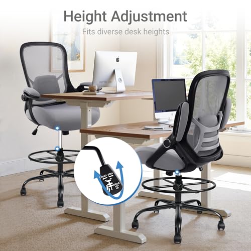 400lbs Heavy Duty Drafting Chair 5" Thickened Seat Office Chair with Flip-Up Armrests Tall Ergonomic Computer Chair with Lumbar Support and Adjustable Footrest Ring Standing Desk Chair(Grey) - color: Dark Drey