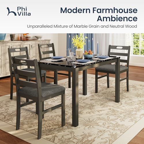 PHI VILLA Dining Table Set for 4, Marble Design Kitchen Table and Chairs | Marble Tabletop, Solid Rubber Wood, Padded Cushion Chairs, Space Saving, Easy Assembly, Olive - color: Emperador Dark Marble& Olive