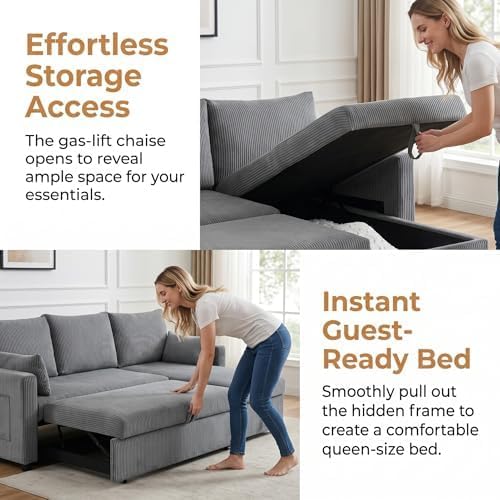 Sleeper Sofa Bed with Adjustable Backrest & Side Pockets, Gray | Adjustable Backrest & Side Pockets,Pull Out Sofa,Comfortable Fabric - color: C-gray-nr