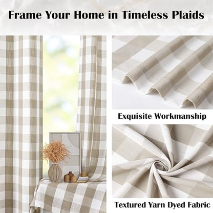 Beige White Buffalo Plaid Semi Sheer Curtains 84 Inches Long | Natural Buffalo Check Pattern Drapes,Neutral Farmhouse Window Treatment Bedroom Living Room,Rod Pocket,52"Wx84"L(Pack of 2) - color: Beige/White, size: 52"W x 84"L (Pack of 2)