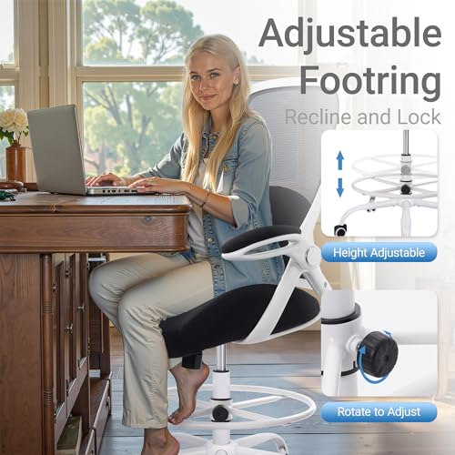 400lbs Heavy Duty Drafting Chair 5" Thickened Seat Office Chair with Flip-Up Armrests Tall Ergonomic Computer Chair with Lumbar Support and Adjustable Footrest Ring Standing Desk Chair (Black) - color: Black&white